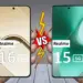 Perbandingan layar depan realme 16 5G dan realme 15 5G yang sedang dipegang, menampilkan bezel tipis dan desain punch-hole kamera depan.