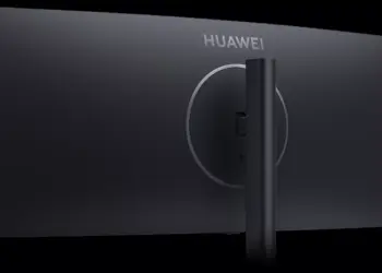 Tampilan bagian belakang monitor gaming Huawei ultraride berwarna hitam minimalis dengan logo perak.