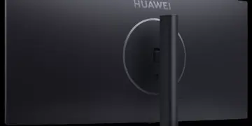 Tampilan bagian belakang monitor gaming Huawei ultraride berwarna hitam minimalis dengan logo perak.