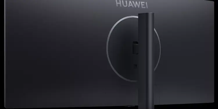 Tampilan bagian belakang monitor gaming Huawei ultraride berwarna hitam minimalis dengan logo perak.