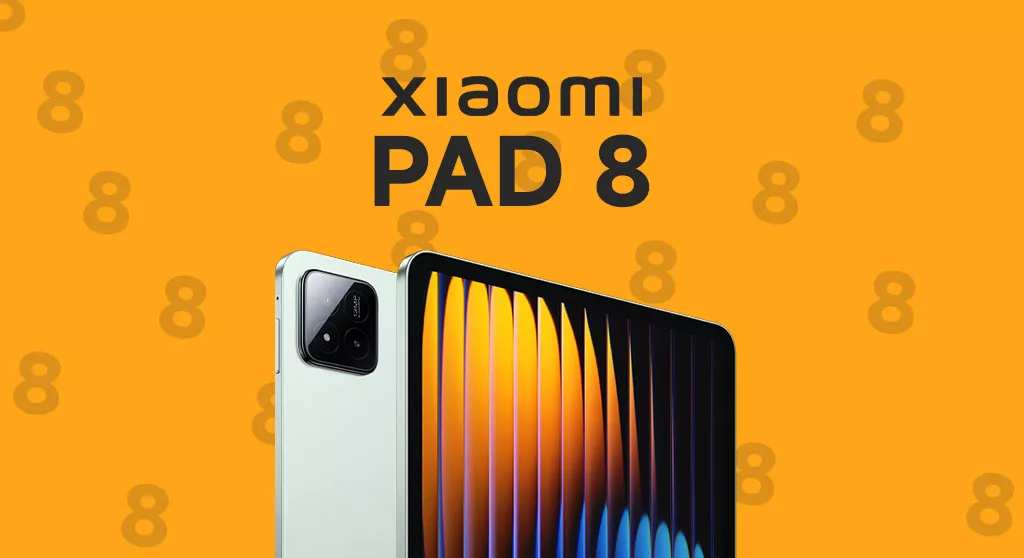 Poster resmi peluncuran Xiaomi Pad 8 dengan latar belakang oranye, menampilkan desain kamera belakang 13MP yang elegan.