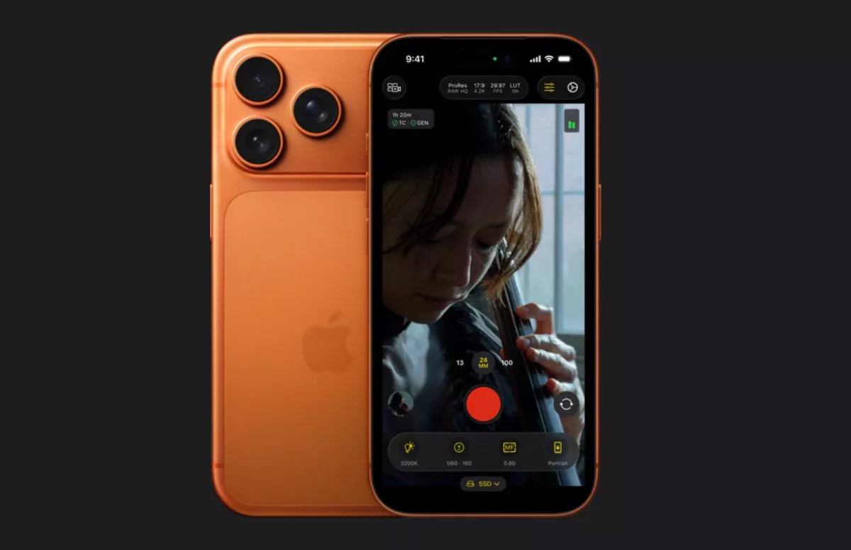 Antarmuka aplikasi kamera profesional pada iPhone 17 yang menunjukkan fitur perekaman video ProRes.
