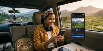 Seorang wanita di dalam mobil sedang mengedit foto perjalanan menggunakan aplikasi AI Enhance pada smartphone. AI Saat Mudik