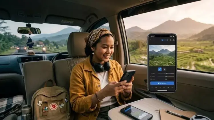 Seorang wanita di dalam mobil sedang mengedit foto perjalanan menggunakan aplikasi AI Enhance pada smartphone. AI Saat Mudik