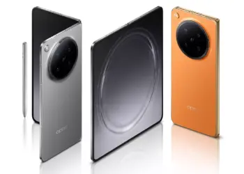 Perbandingan layar utama Oppo Find N6 yang nyaris tanpa lipatan saat terbuka penuh, didampingi stylus dan pilihan warna oranye serta abu-abu.