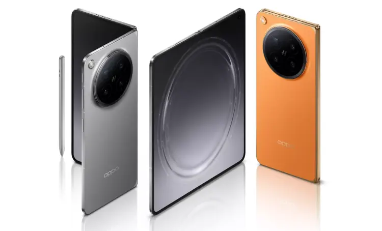 Perbandingan layar utama Oppo Find N6 yang nyaris tanpa lipatan saat terbuka penuh, didampingi stylus dan pilihan warna oranye serta abu-abu.
