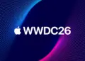 Logo Apple dan teks WWDC26 dengan latar belakang pola titik-titik (dot pattern) berwarna biru dan magenta.