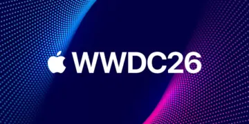 Logo Apple dan teks WWDC26 dengan latar belakang pola titik-titik (dot pattern) berwarna biru dan magenta.