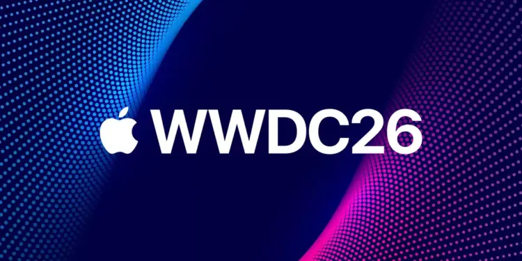 Logo Apple dan teks WWDC26 dengan latar belakang pola titik-titik (dot pattern) berwarna biru dan magenta.