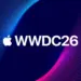 Logo Apple dan teks WWDC26 dengan latar belakang pola titik-titik (dot pattern) berwarna biru dan magenta.