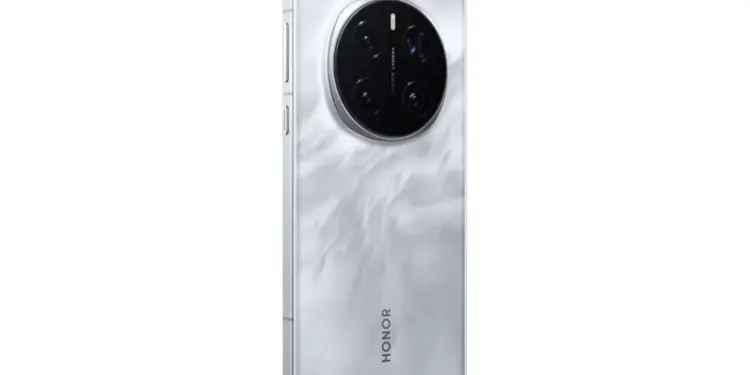Sudut belakang smartphone Honor Magic5 Pro warna putih dengan tekstur bergelombang, menonjolkan modul kamera "Matrix Camera" melingkar besar.