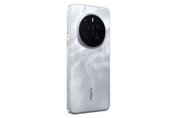 Sudut belakang smartphone Honor Magic5 Pro warna putih dengan tekstur bergelombang, menonjolkan modul kamera "Matrix Camera" melingkar besar.