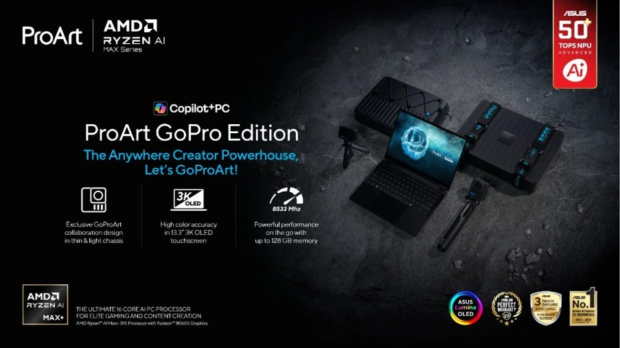 ASUS ProArt GoPro Edition PX13 dengan prosesor AMD Ryzen AI Max, layar 3K OLED, dan dukungan ASUS VIP Perfect Warranty.