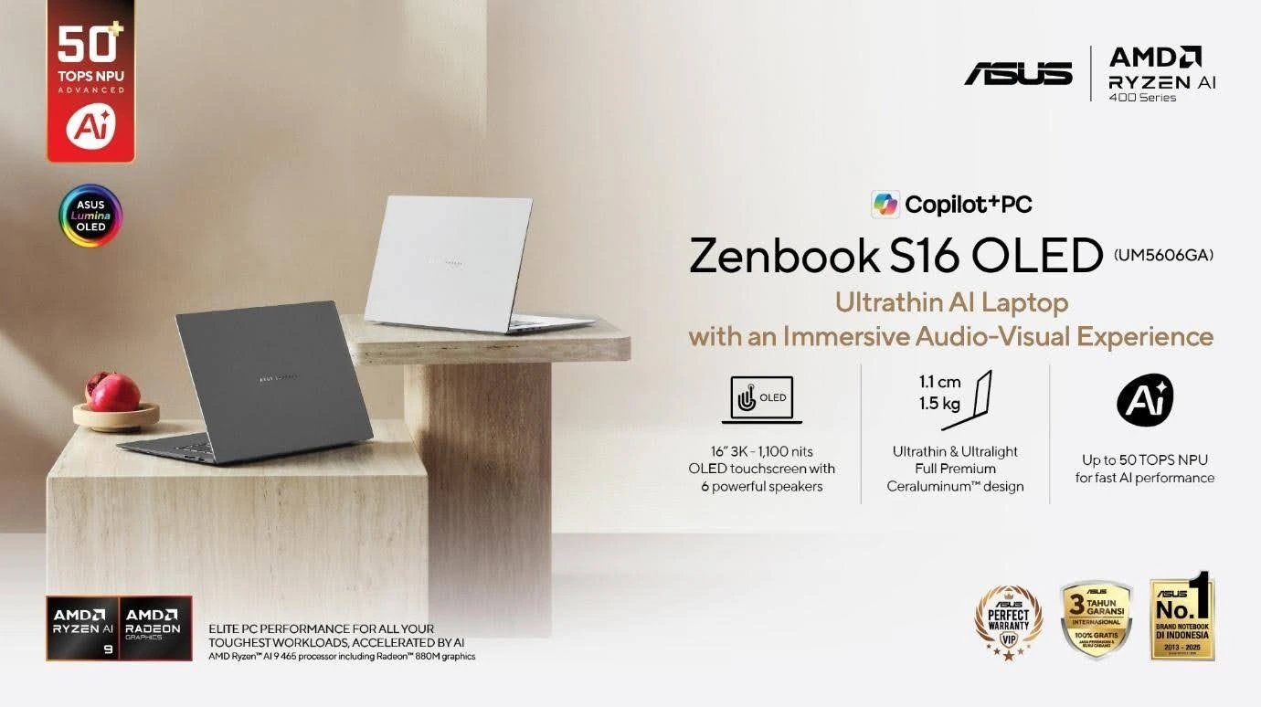 ASUS Zenbook S16 OLED (UM5606GA), laptop AI ultrathin 1,1 cm dengan material Ceraluminum dan sistem pendingin efisien.