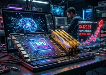 Visualisasi laptop AI 2026 yang menonjolkan chip NPU futuristik berdampingan dengan modul RAM DDR6 dan grafik kenaikan harga yang tajam akibat krisis pasokan komponen global.