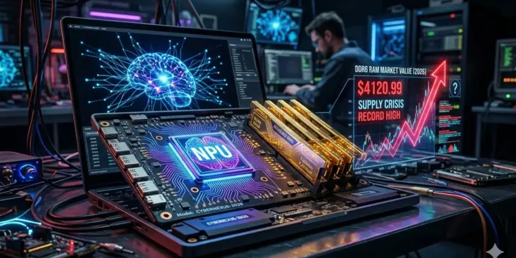 Visualisasi laptop AI 2026 yang menonjolkan chip NPU futuristik berdampingan dengan modul RAM DDR6 dan grafik kenaikan harga yang tajam akibat krisis pasokan komponen global.