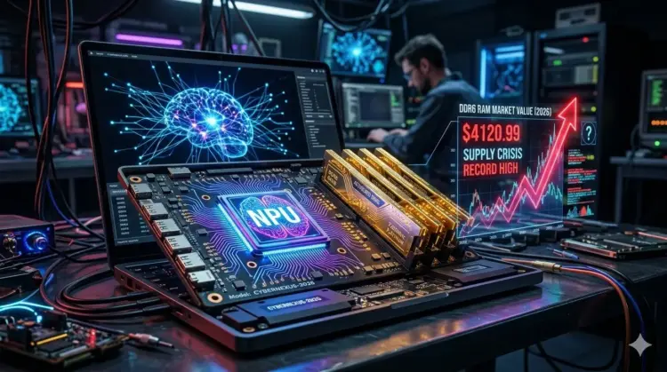 Visualisasi laptop AI 2026 yang menonjolkan chip NPU futuristik berdampingan dengan modul RAM DDR6 dan grafik kenaikan harga yang tajam akibat krisis pasokan komponen global.
