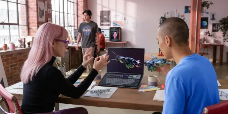 Dua desainer menggunakan laptop AI Lenovo terbaru 2026 dengan fitur layar 3D dual-screen untuk membuat model visual pesawat futuristik.