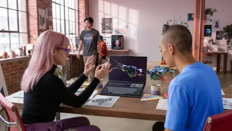 Dua desainer menggunakan laptop AI Lenovo terbaru 2026 dengan fitur layar 3D dual-screen untuk membuat model visual pesawat futuristik.