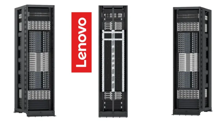 Rak server pusat data Lenovo yang kokoh, menampilkan solusi infrastruktur terintegrasi untuk mendukung teknologi Lenovo Hybrid AI Advantage bagi bisnis masa depan.