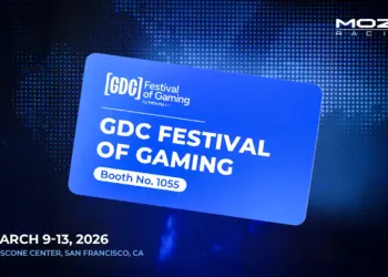 Booth MOZA Racing di GDC 2026 menampilkan setup simulator canggih dengan teknologi AI Coach Racing Lab dan sistem motion terbaru.