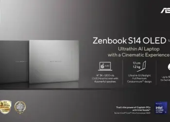 Tampilan profil ultra-tipis ASUS Zenbook S14 OLED (2026) dengan material Ceraluminum yang menunjukkan ketebalan hanya 1,1 cm.