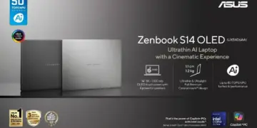 Tampilan profil ultra-tipis ASUS Zenbook S14 OLED (2026) dengan material Ceraluminum yang menunjukkan ketebalan hanya 1,1 cm.