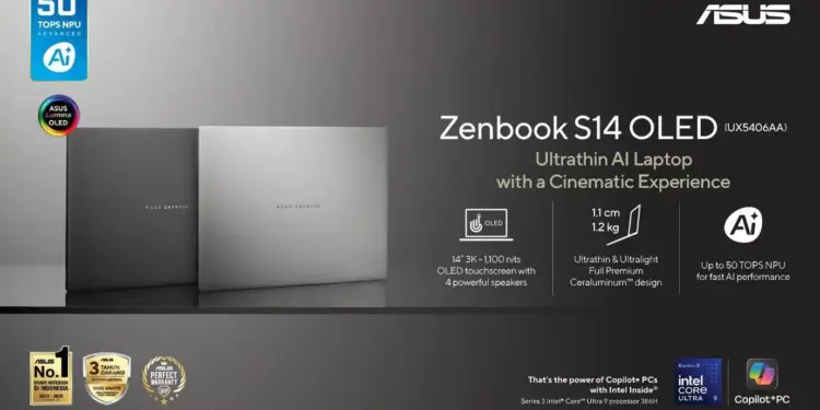 Tampilan profil ultra-tipis ASUS Zenbook S14 OLED (2026) dengan material Ceraluminum yang menunjukkan ketebalan hanya 1,1 cm.