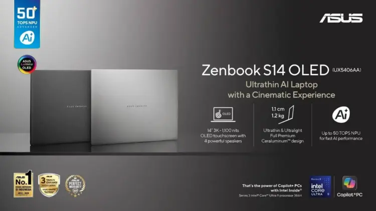 Tampilan profil ultra-tipis ASUS Zenbook S14 OLED (2026) dengan material Ceraluminum yang menunjukkan ketebalan hanya 1,1 cm.