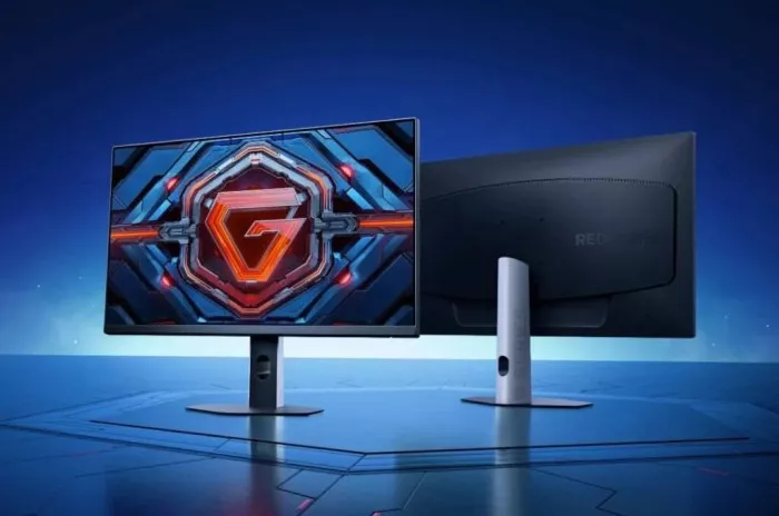 Tampilan depan dan belakang Redmi Monitor G25 300Hz dengan desain bezel tipis dan stand ergonomis.