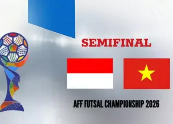 Poster jadwal Semifinal AFF Futsal 2026 Indonesia vs Vietnam lengkap dengan logo trofi dan bendera negara.