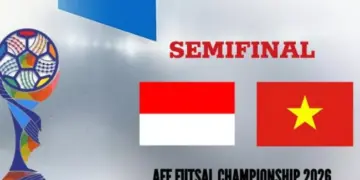 Poster jadwal Semifinal AFF Futsal 2026 Indonesia vs Vietnam lengkap dengan logo trofi dan bendera negara.