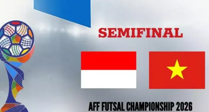 Poster jadwal Semifinal AFF Futsal 2026 Indonesia vs Vietnam lengkap dengan logo trofi dan bendera negara.