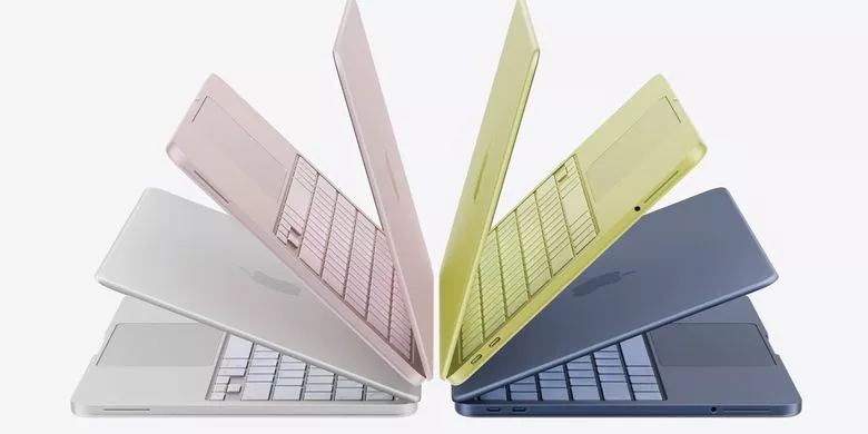 Deretan laptop MacBook Neo dalam berbagai varian warna pastel yang elegan