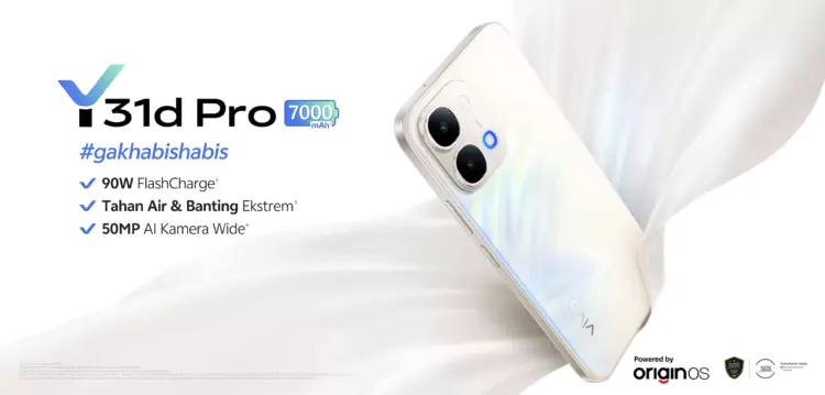 Poster resmi Vivo Y31d Pro warna putih dengan baterai 7000mAh dan fitur 90W FlashCharge.