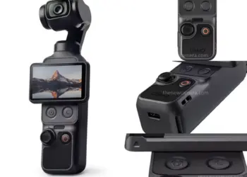 Desain terbaru DJI Osmo Pocket 4 dengan layar putar horizontal dan tombol kontrol fisik tambahan.