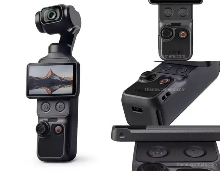 Desain terbaru DJI Osmo Pocket 4 dengan layar putar horizontal dan tombol kontrol fisik tambahan.