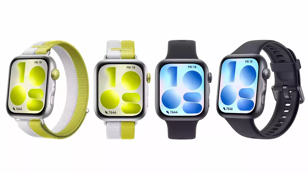 Deretan empat varian Huawei Watch Fit 5 Series dengan pilihan strap nilon anyaman lime-white dan strap silikon hitam yang sporty.