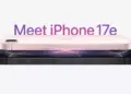 Tampilan samping dua varian warna iPhone 17e, pink dan hitam, bertumpuk di latar belakang putih dengan teks 'Meet iPhone 17e'.
