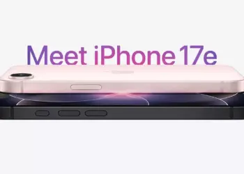 Tampilan samping dua varian warna iPhone 17e, pink dan hitam, bertumpuk di latar belakang putih dengan teks 'Meet iPhone 17e'.