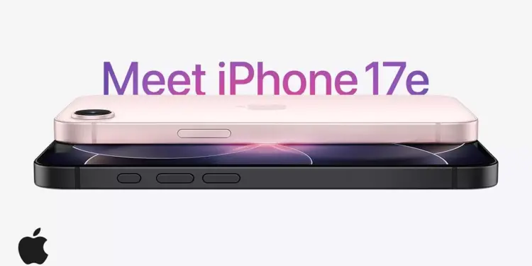 Tampilan samping dua varian warna iPhone 17e, pink dan hitam, bertumpuk di latar belakang putih dengan teks 'Meet iPhone 17e'.