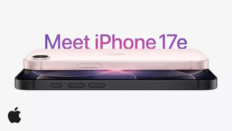 Tampilan samping dua varian warna iPhone 17e, pink dan hitam, bertumpuk di latar belakang putih dengan teks 'Meet iPhone 17e'.