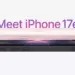 Tampilan samping dua varian warna iPhone 17e, pink dan hitam, bertumpuk di latar belakang putih dengan teks 'Meet iPhone 17e'.