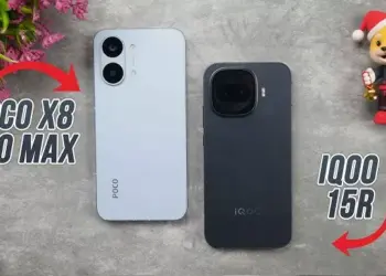 Perbandingan desain bodi belakang smartphone iQOO 15R vs POCO X8 Pro Max tampak atas.