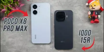 Perbandingan desain bodi belakang smartphone iQOO 15R vs POCO X8 Pro Max tampak atas.