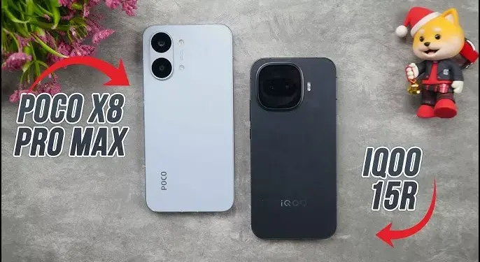 Perbandingan desain bodi belakang smartphone iQOO 15R vs POCO X8 Pro Max tampak atas.