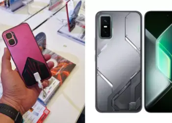 Tampilan desain bodi smartphone Infinix GT 50 Pro vs GT 30 Pro saat dipegang dan dipajang di toko.
