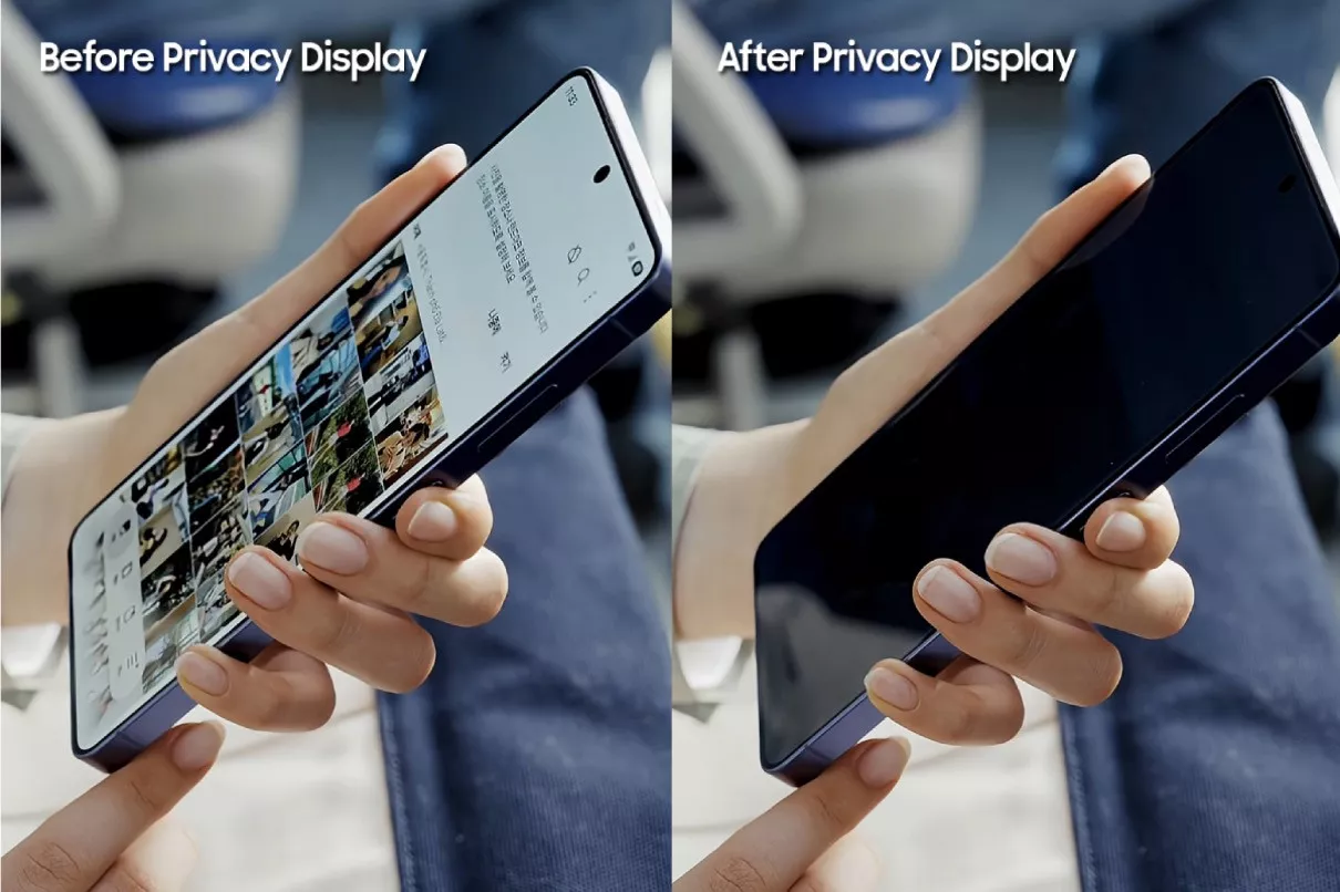 Perbandingan layar Galaxy S26 Ultra sebelum dan sesudah fitur Privacy Display diaktifkan dari sudut pandang samping.