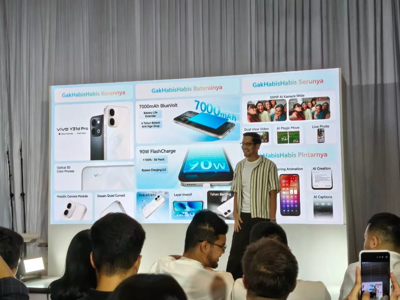 Ringkasan spesifikasi vivo Y31d Pro meliputi baterai 7000mAh, 90W FlashCharge, dan kamera 50MP AI.