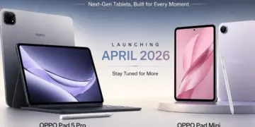 Poster resmi peluncuran OPPO Pad 5 Pro dan Pad Mini April 2026 dengan fitur layar 2.8K dan chipset generasi terbaru.
